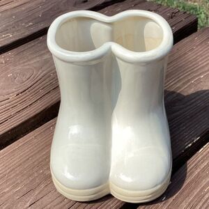 Vintage white ceramic double-boot planter/vase rain boots, farmhouse 6”